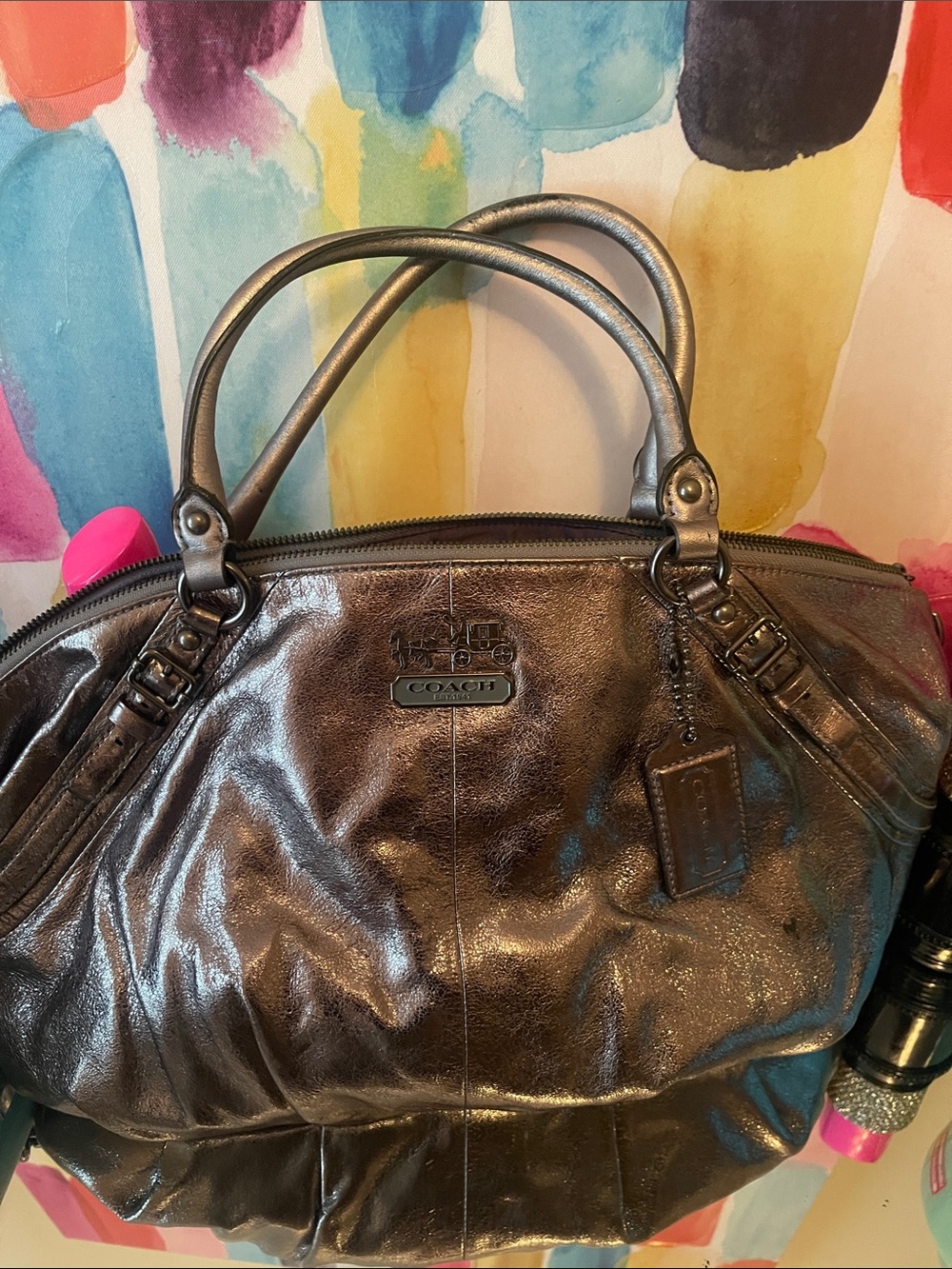 Coach Madison large Sophia Metallic Gunmetal Leather Satchel style No 15955
